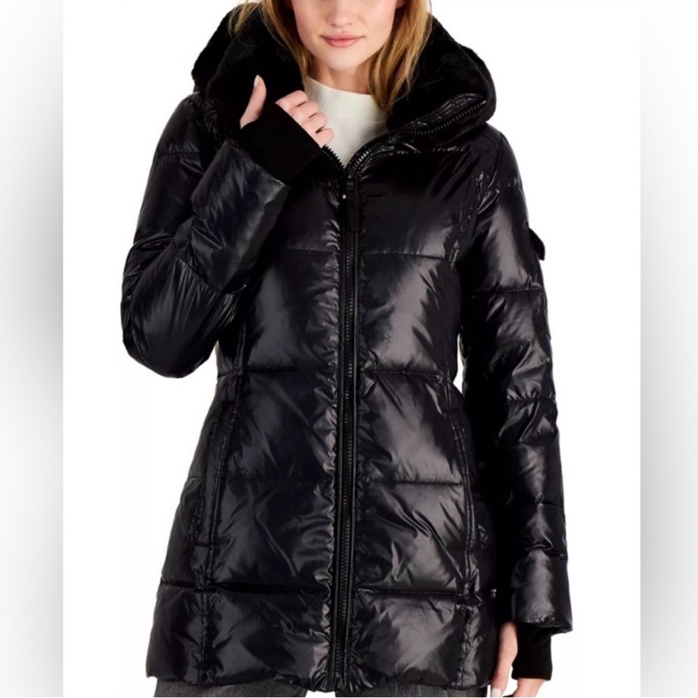 S13 Black Puffer Jacket with Fur Trim and Removable Hood- XS